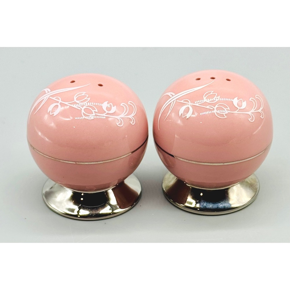 Flintridge China Snow Tulip Salt Pepper Shakers Spherical Footed Pink Floral